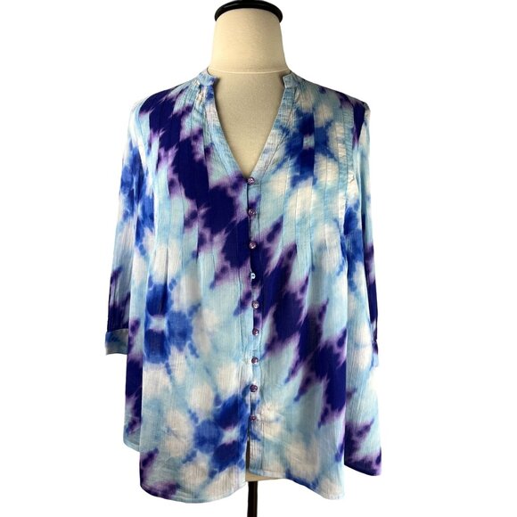Jones New York Signature Button Front Tie Dye Blouse, Women's Size Large - Picture 1 of 11
